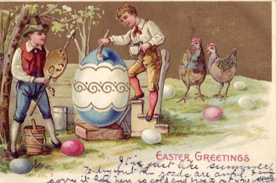 FOREIGN CARD 1907 EASTER GREETINGS TWO YOUNG ARTISTS PAINTING EASTER EGG 