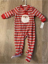  NWT Carter  s Boy  s Size 12 Months Red  Gray Striped Pajamas With Santa Claus