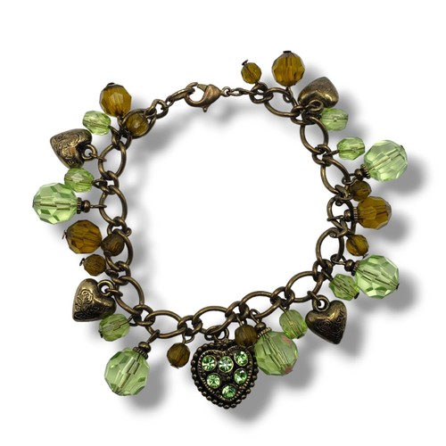 Pulsera de latón envejecido facetado verde acrílico cuentas corazón amor dijes ajustables - Imagen 11 de 12