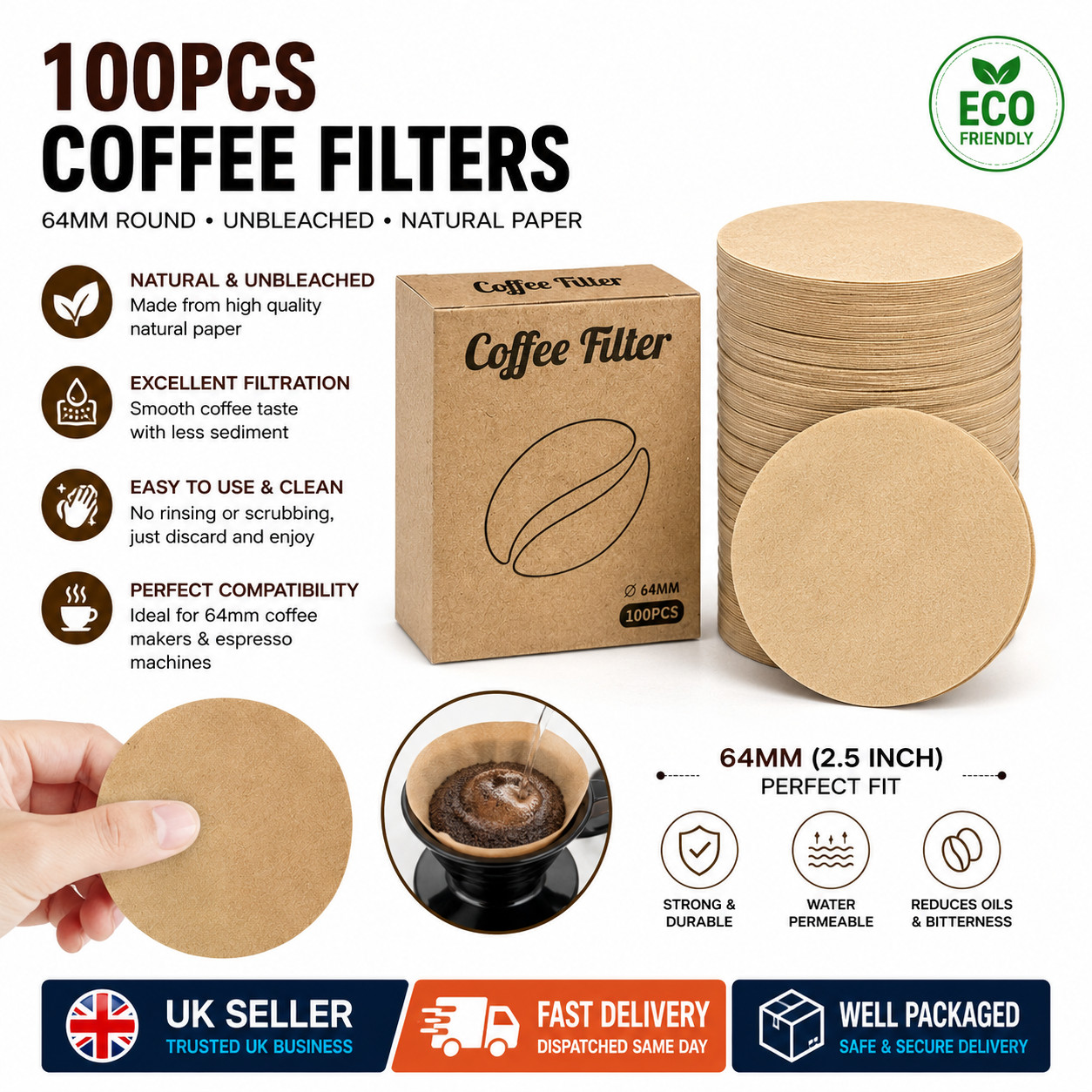 600 Unbleached 64mm Coffee Filter Papers for AeroPress Espresso Makers