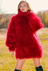 SUPERTANYA red thick mohair sweater fuzzy turtleneck warm ski pullover L-XL