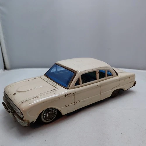 Vintage Bandai Tin Litho Ford Falcon Toy Friction Car Made in Japan Cream 4 Door