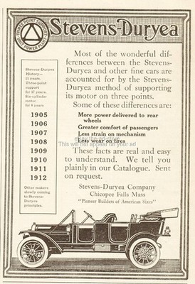 1912 Stevens Duryea Co Chicopee Falls MA Antique Open Motor Car Automobile Ad