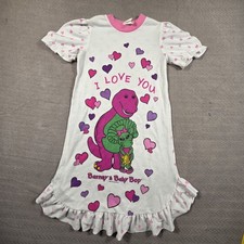 Vintage 1993 Girls Barney Baby Bop Nightgown Size 6 White Pink Ruffle Trim