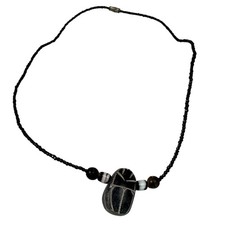 Vintage Egyptian Black Basalt Beetle Beaded Necklace