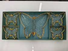 Vintage Jeannette Butterfly Glass Candy Nut Dish Set Gold Trim w/ Box MINT