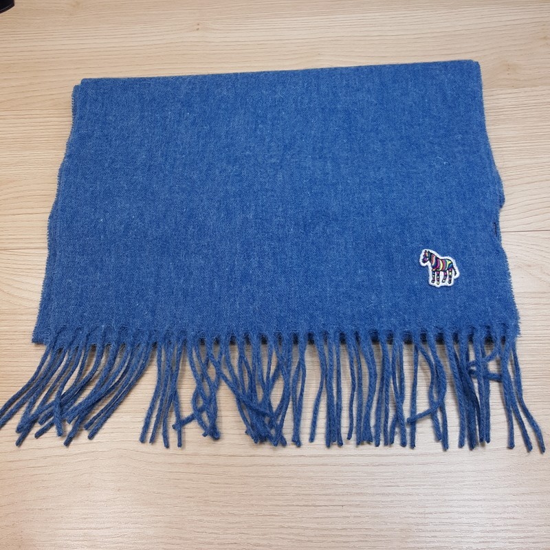 PAUL SMITH Mens Scarf Solid Blue Fringe 100% Lambswool Wool 13x66