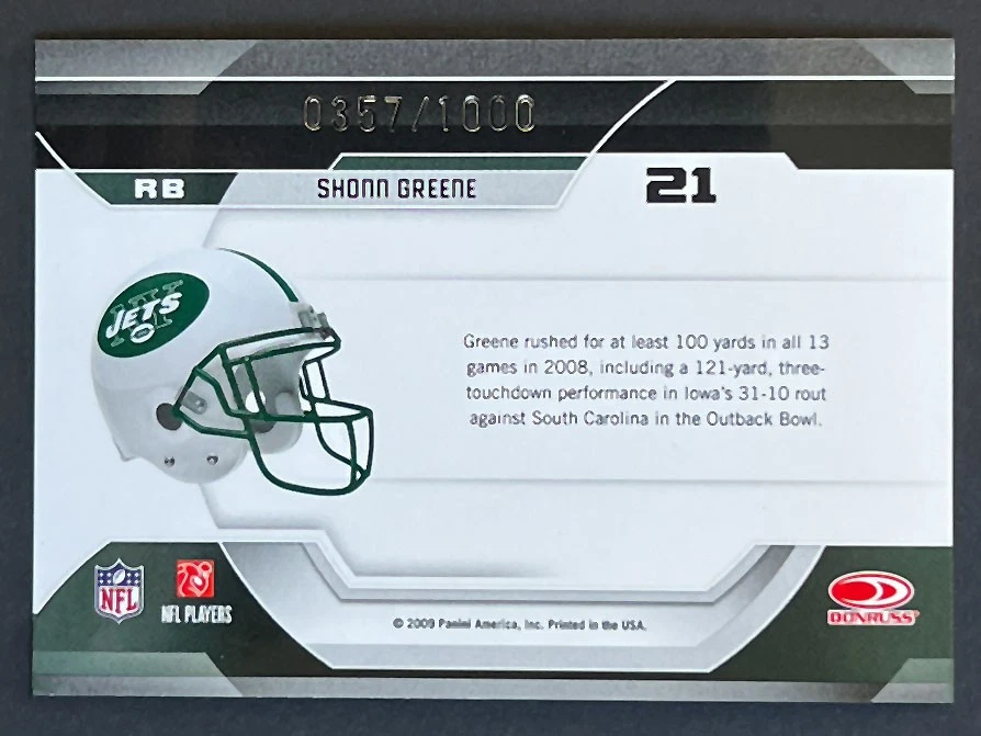 2009 Donruss Certified #21 Shonn Greene /1000 Certified Potential New York Jets - Image 2 of 2