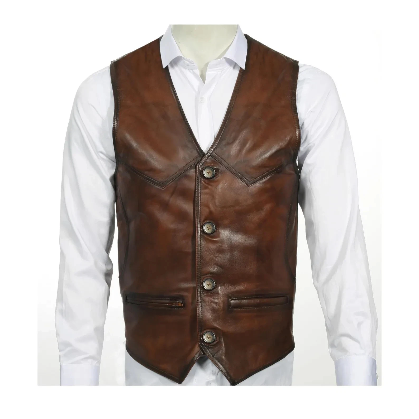 Men’s Brown Leather Vest – 100% Lamb, Handcrafted Soft Sheepskin Cowboy Waistcoa