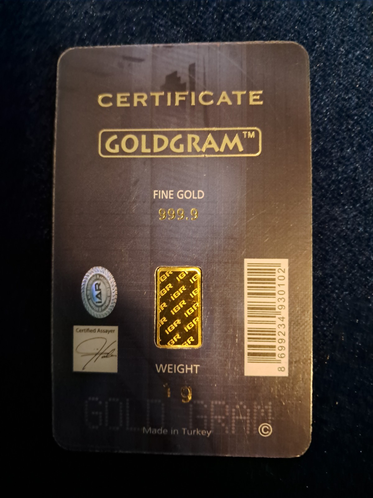 1g .999 Fine IGR Gold Bar - Istanbul Gold Refinery - Sealed Assay Card