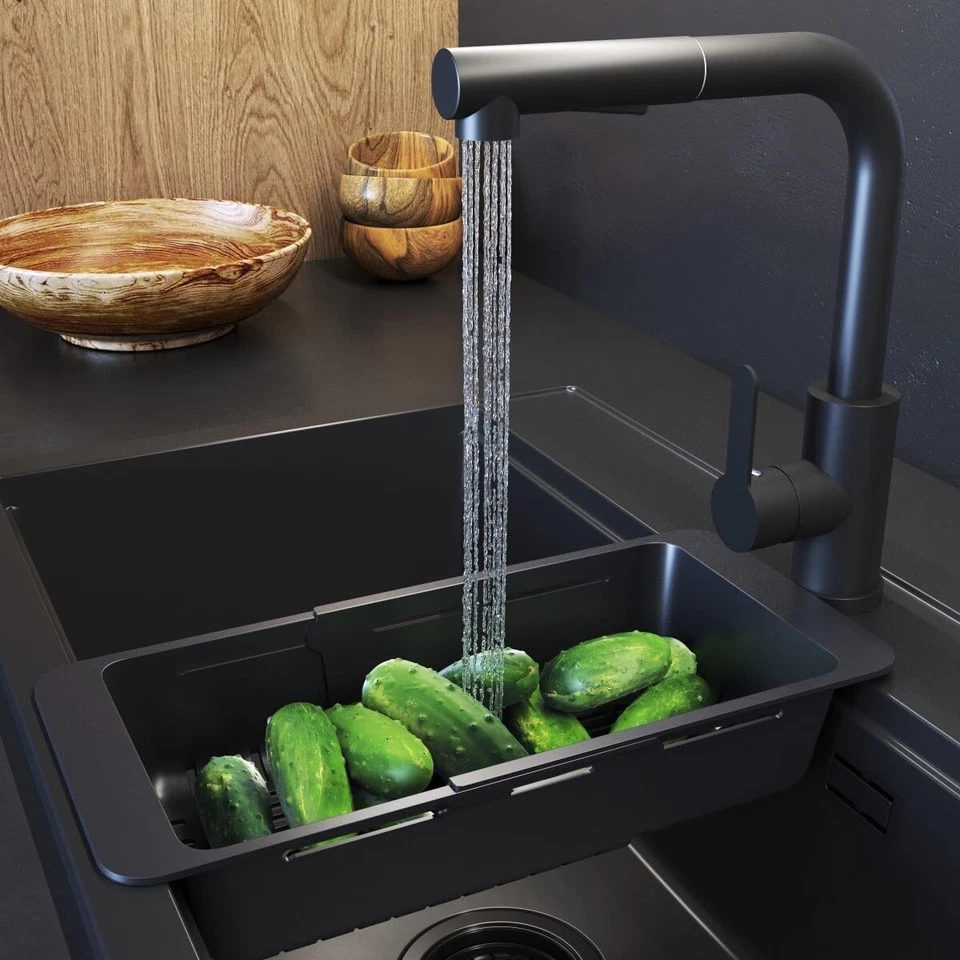 Sieb für Spülbecken, verstellbar, Abtropfsieb aus Kunststoff, Schwarz, 32-46 cm - Bild 2 von 4
