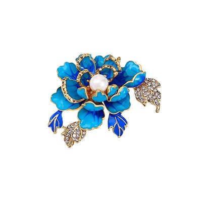 Elegant Peony Flower Pearl Brooches Pins Shiny Rhinestone Corsage Jewelry Gift