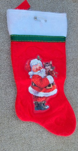 Vintage Weihnachtsstrumpf - Santa Holding Cat - Giordano Art 1983 - Red Fleece - Bild 1 von 4