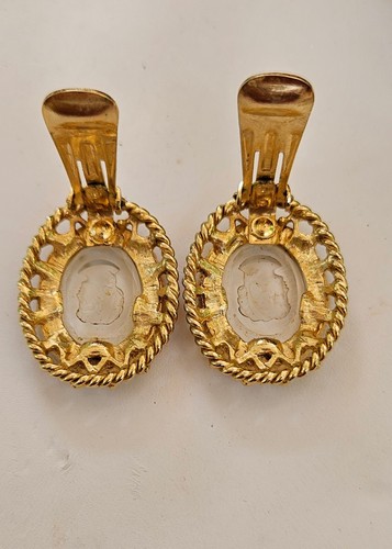 Vintage, Park Lane, geschnitzte Glas Intaglio ClipOn Ohrringe goldfarben Strass - Bild 7 von 15