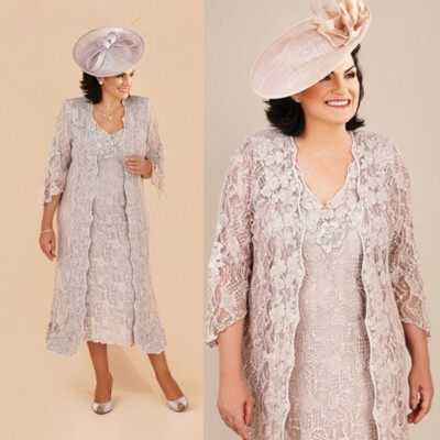 Lace Mother Of The Bride Dress With Jacket V-Neck Tea Length Wedding Party Gowns | eBay Lace Mother Of The Bride Dress With Jacket V-Neck Tea Length Wedding Party Gowns | eBay
