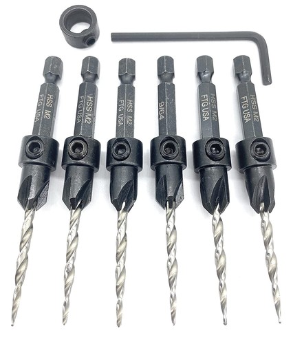 Countersink Drill Bit Set 6 Pc Wood Pro Pack Tapered Stop Collar Hex Wrench - Picture 7 of 10