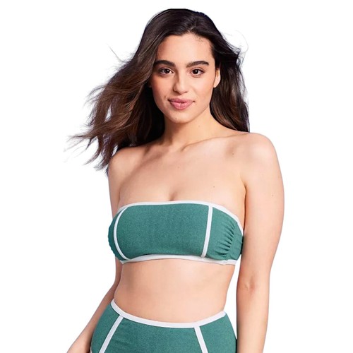 KONA SOL Women's Terry Textured Bandeau with Binding Bikini Top Green, Medium