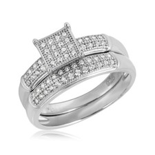 Sterling Silver 2-pcs Engagement / Wedding Square Design Pave CZ Stones Ring Set