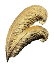 Gold tone double bird feather quill boho brooch pin textured plume