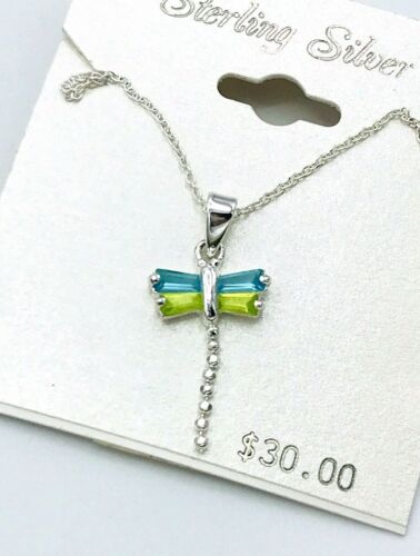 Sterling Silver Simulated Peridot Aquamarine Dragonfly Pendant Necklace 18"