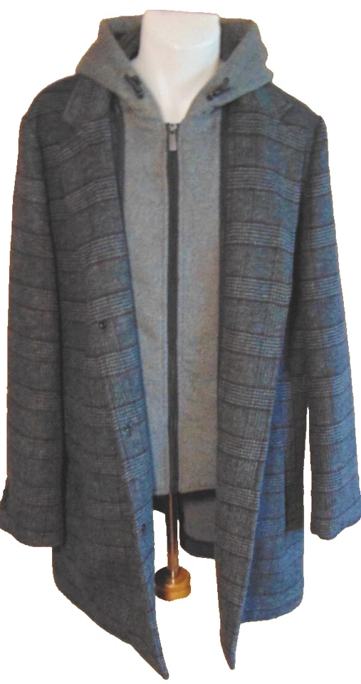 CHAQUETA ABRIGO TAHARI PARA HOMBRES GRIS MEZCLA DE LANA A CUADROS INTERIOR CREMALLERA BABERO CAPUCHA LANA SUAVE ~ L Foto 4 de 4