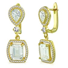 925 Sterling Silver Yellow Gold-Tone Rectangular Teardrop CZ Dangle Earrings
