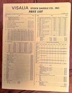 Nice Original 1974 VISALIA STOCK SADDLE CO Cowboy Saddle Catalog PRICE LIST ONLY