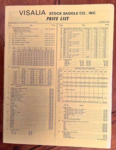 Nice Original 1974 VISALIA STOCK SADDLE CO Cowboy Saddle Catalog PRICE LIST ONLY