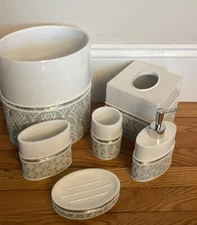 5 Piece White and Gray Bathroom Accessory Creative Scents Mirror Damask