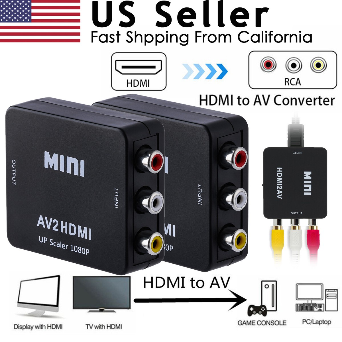 RCA AV to HDMI HD Converter Composite CVBS Audio Video Adapter PAL