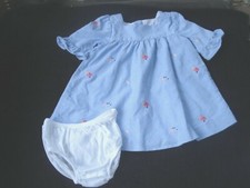 Janie and Jack Blue Poplin Dress Embroidered Flowers White Bloomers 3-6 Months