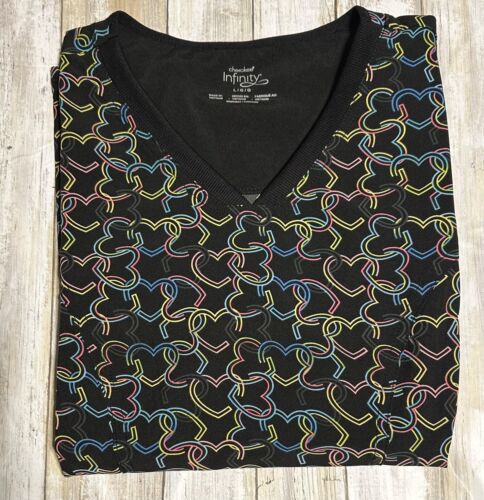 NWT Cherokee Infinity V-neck Scrub Top Black Hearts Links Of Love Size Large
