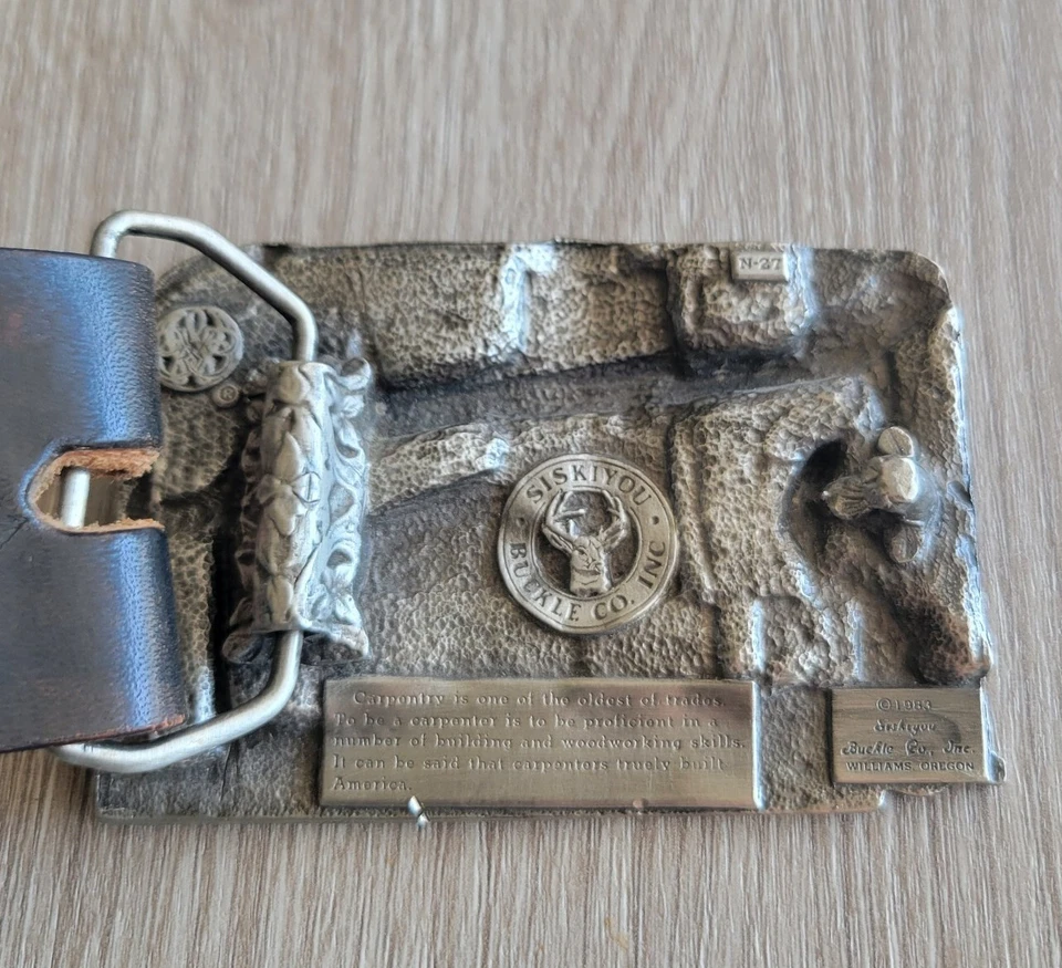 Cinturón de Cuero 34 1983 con Hebilla Carpinteros "Built America" Increíble Detalle EE. UU. Foto 3 de 4