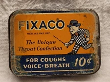 EMPTY FIXACO SLIDING TOP TIN THROAT CONFECTION COLORFUL w FUNNY MAN