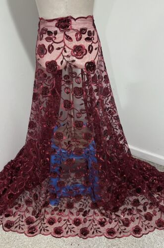 Burgundy Embroidery Sequins Lace Fabric 50” Width 1 Yard