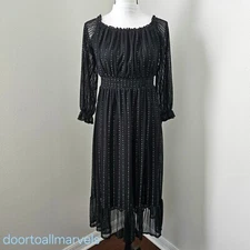 BCBG Generation Sheer Metallic Midi Dress Flowy Peasant Bohemian Party sz 10