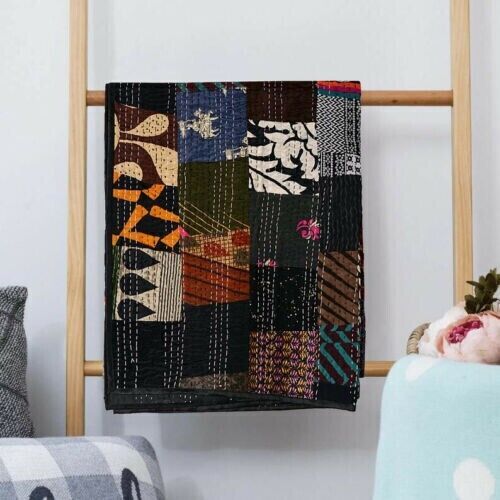 Indian Black Silk Patchwork Kantha Bedspread Handmade Silk Kantha Quilt Decor - Picture 3 of 3