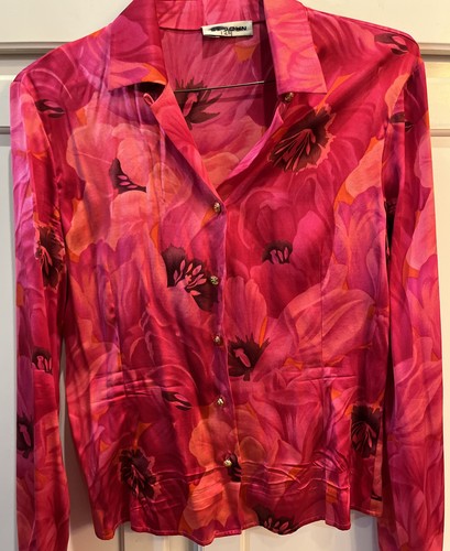 St. John Collection size 6 Pink Silk Floral Print Blouse Top Vibrant! Stretch! - Picture 7 of 8