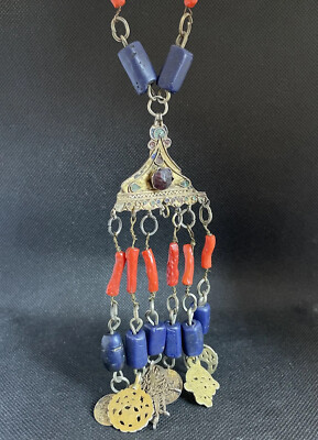 Collier Berbère Ancien Argent - Pendentif Lapis Lazuli Et Corail - Style Kabyle Ethnique