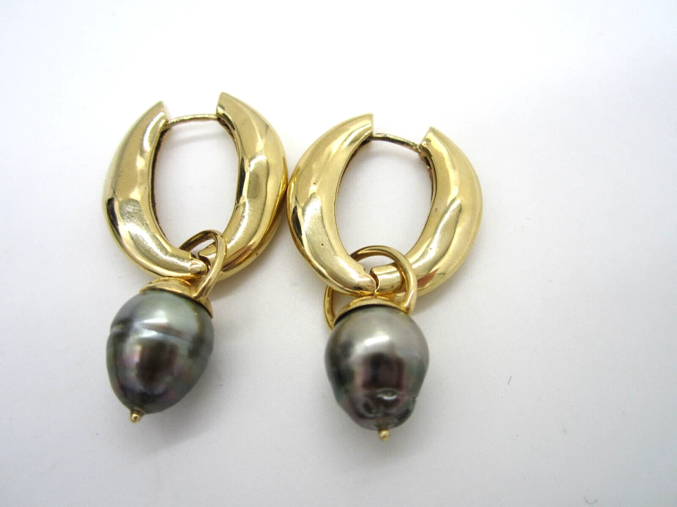 Pendientes colgantes de 17,3 gramos de oro amarillo de 14k vintage de perlas grises Foto 4 de 4