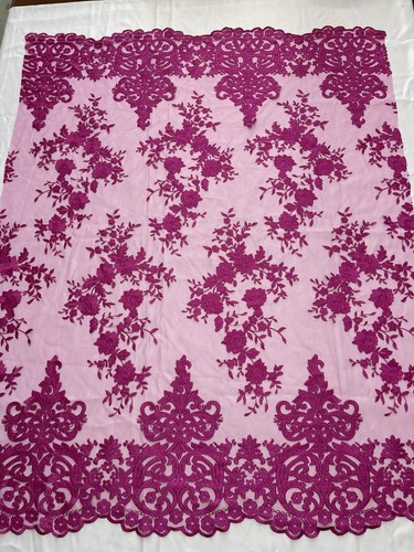 Magenta Lace Fabric Floral Bridal Damask Design Embroidered on Mesh By Yard - Picture 4 of 5
