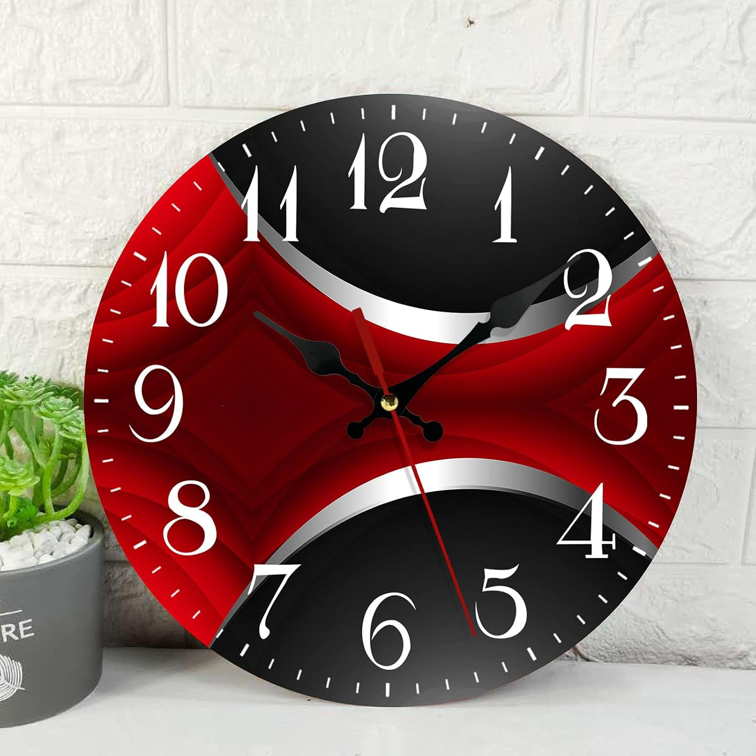 Wooden Wall Clock Silent Non-Ticking, Red Black Grey Irregular Geometric Grid St