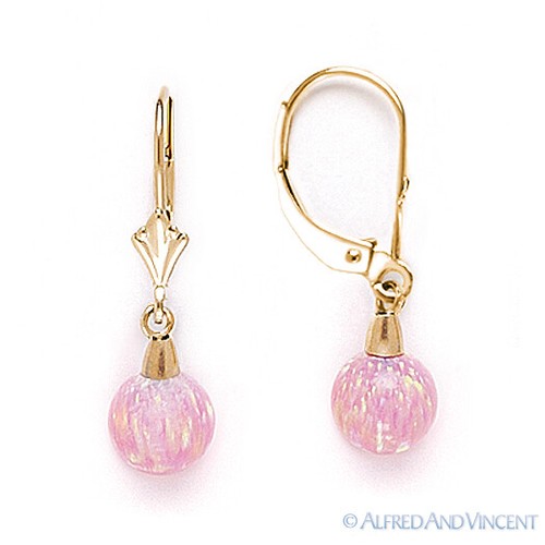Pink Angel-Skin Fiery Opal Gem Dangling Drop Earrings 14k 14kt Yellow White Gold - Picture 3 of 7