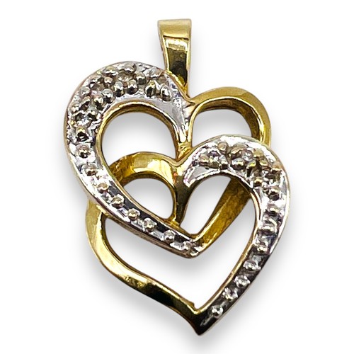 Two Hearts Dangling Charm Pendant with Diamonds 14K Yellow & White Gold - Picture 12 of 13