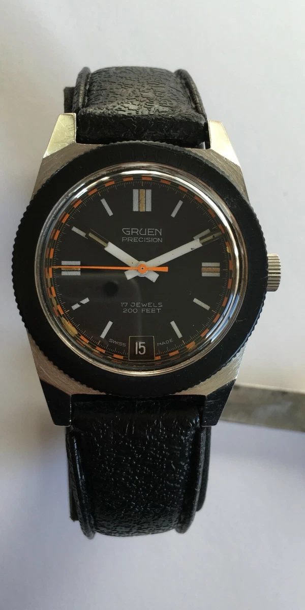 Vintage GRUEN Precision Divers watch 200 FEET Orange Black dial Gruen Divers