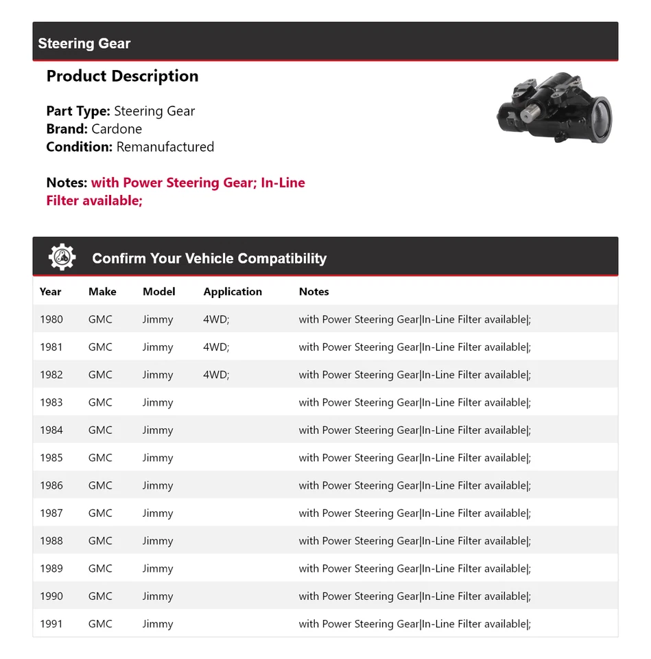 Para GMC Jimmy 1980-1991 engranaje de dirección Cardone 1981 1982 1983 1984 1985 1986 1987 Foto 2 de 4