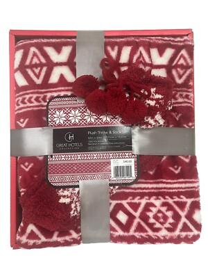 Great Hotels Collection  Fair isle Red Throw 50x60 Blanket & Socks Set Plush