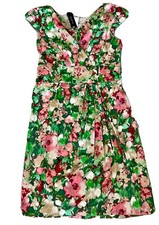 New! Talbots Dress Womens 14 Lined Red Green Knee Length Floral Zipper Tie Waist