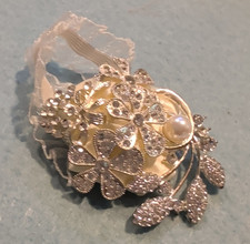 Ivory/Silver Flower Wrist Corsage w/ Lace Ribbon  Faux Pearl Beaded Accent