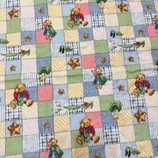 VTG Baby Quilt Blanket Teddy Bear Stars Patchwork Blue Pink Green Soft Crib CUTE